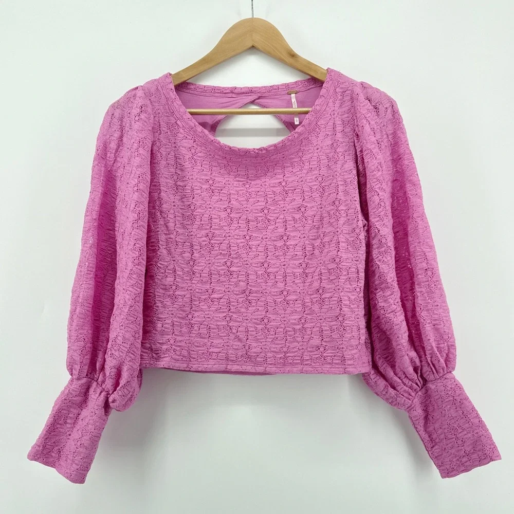 Free People Tea Time Floral Lace Plumeria Pink Cutout Back Top‎ Large OB1251902